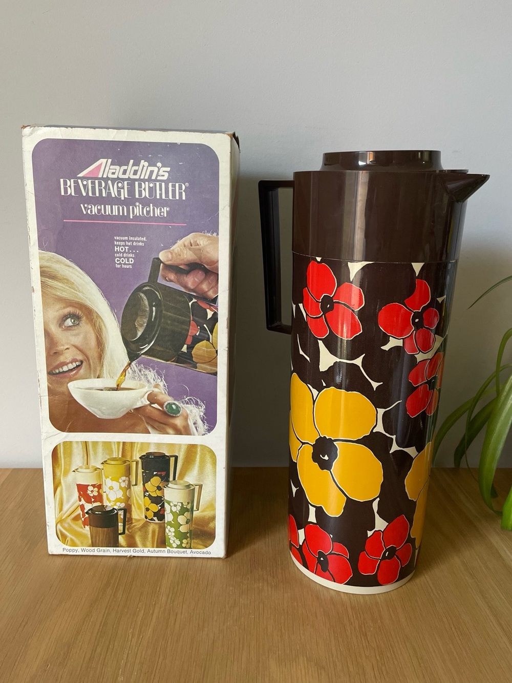 Vintage 1970s Aladdin Beverage Butler Vacuum Pitcher Autumn Bouquet with Box